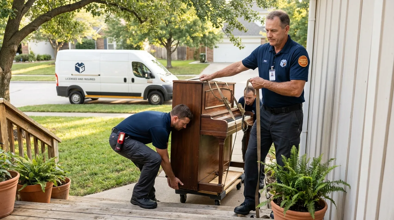 Licensed piano movers securing grand piano in North Bend, WA