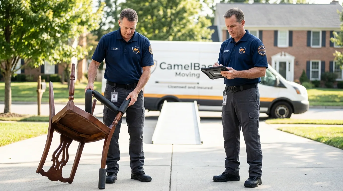 Movers inspecting furniture for damage prevention before loading in North Bend, WA