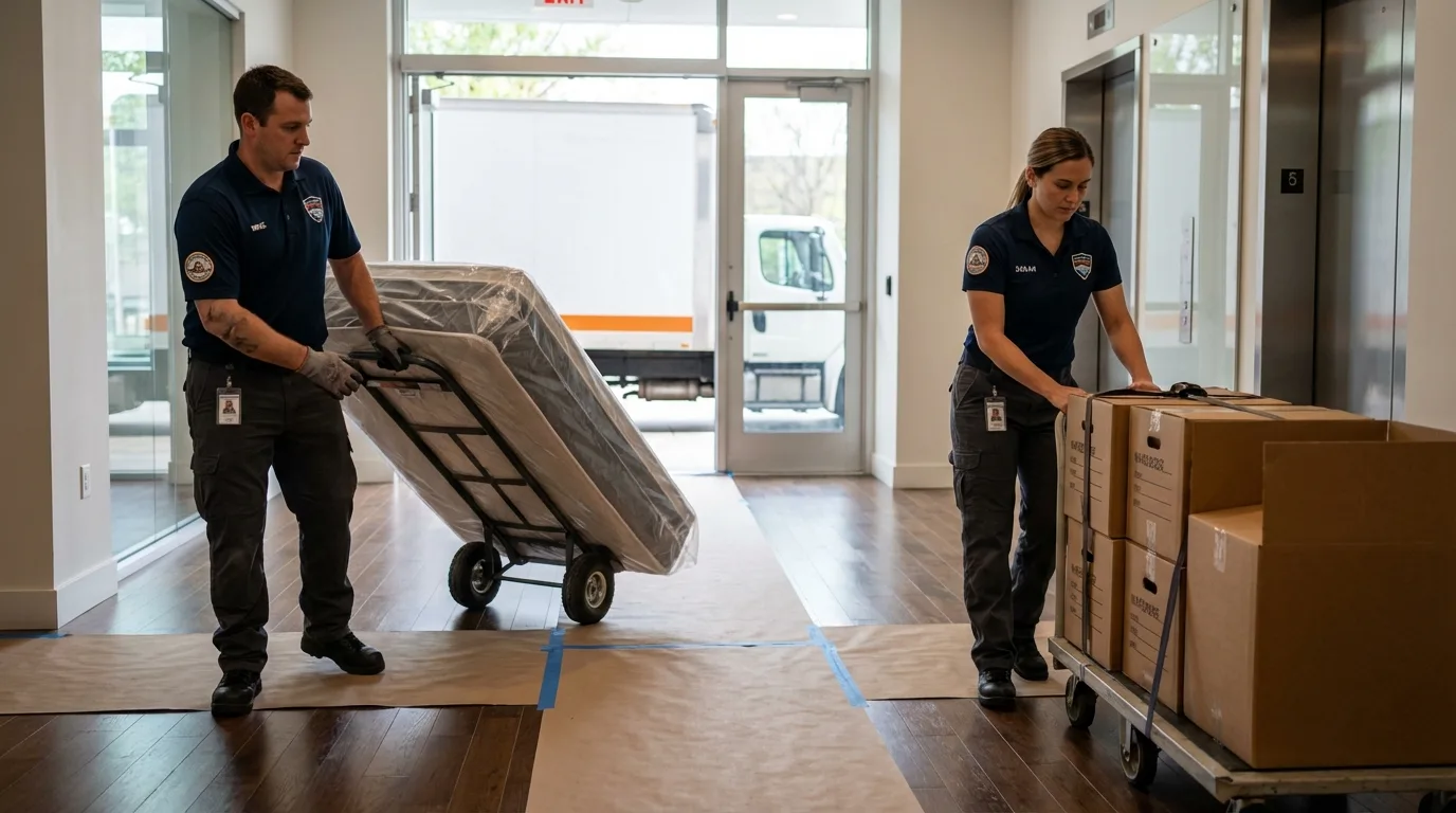 Professional apartment movers loading elevator in North Bend, WA