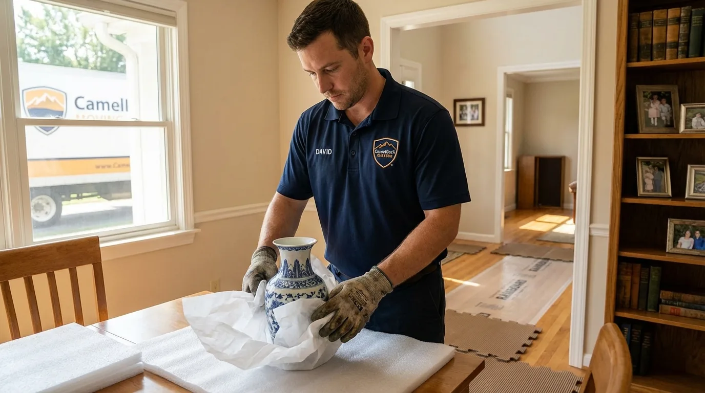 Professional crew carefully wrapping antique vase for senior downsizing move in North Bend, WA